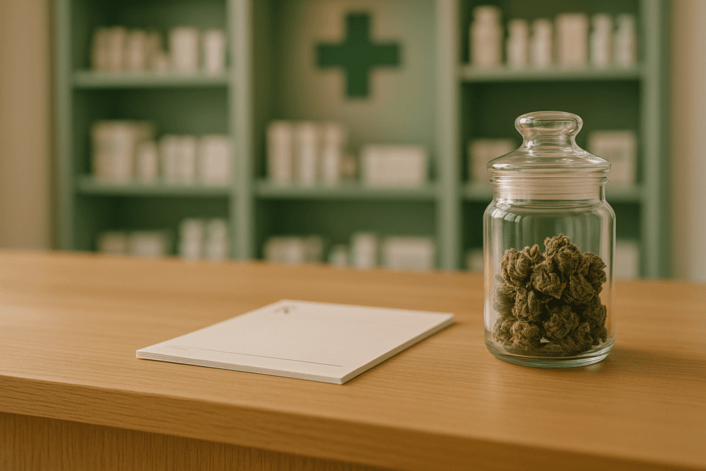 A jar of cannabis flower and a blank prescription pad on a pharmacy counter, medical cannabis access in Thailand