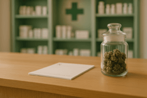 A jar of cannabis flower and a blank prescription pad on a pharmacy counter, medical cannabis access in Thailand