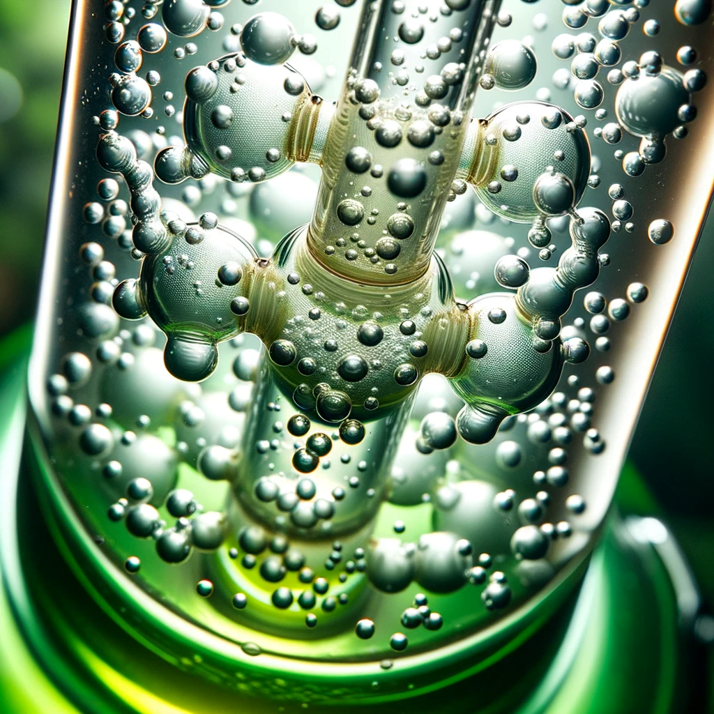 Close up view of the percolator inside a green glass bong, emphasizing the bubbles forming as water passes through it