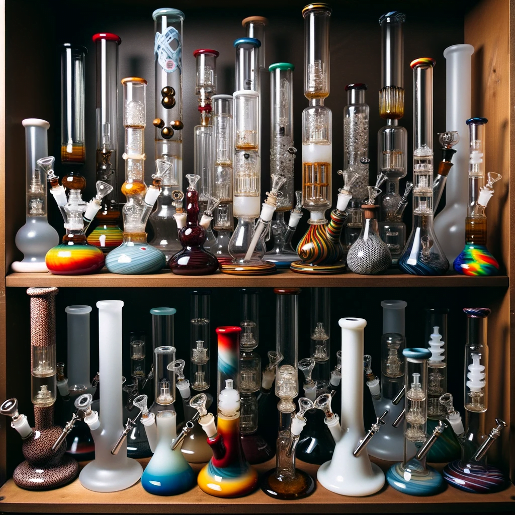 Collection of various bongs with different percolator designs, arranged neatly on a shelf, each showcasing its unique structure